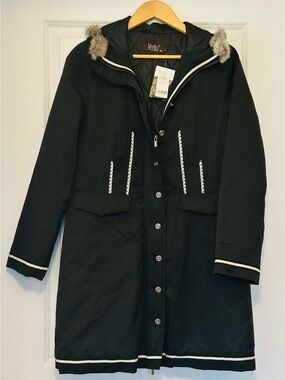 VEEKO Coat Hood Black Zip Button Fur Trim NWT Sz 36 US S M